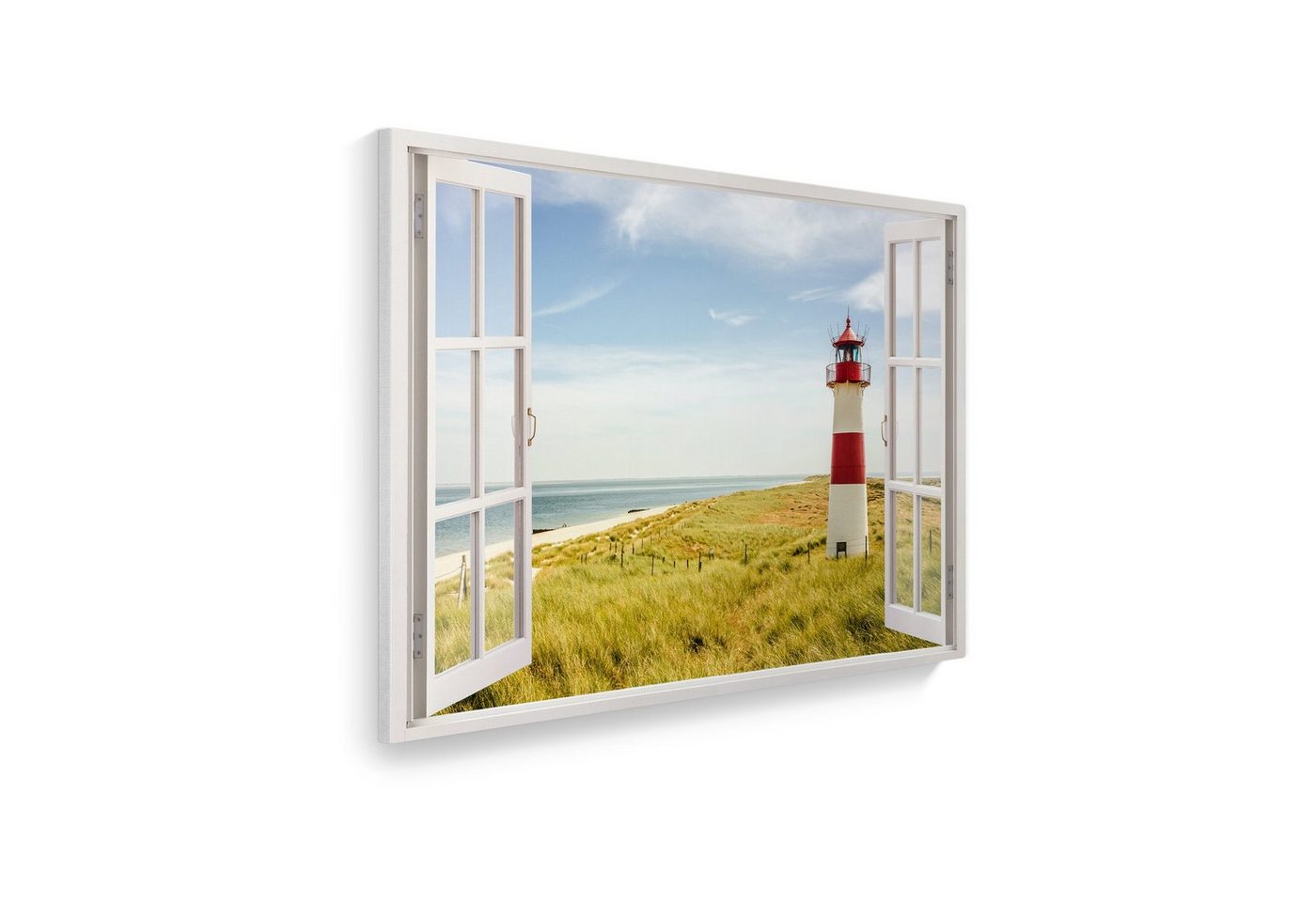 WallSpirit Leinwandbild Fenster mit Aussicht", Strand mit Leuchtturm, Leinwandbild geeignet für alle Wohnbereiche" von WallSpirit