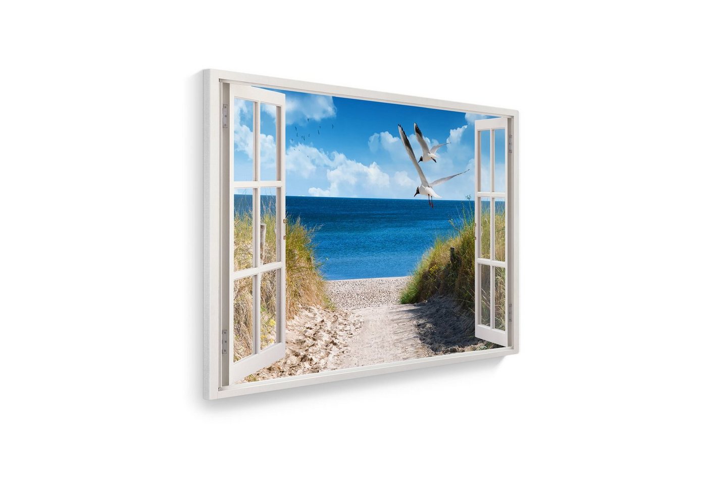 WallSpirit Leinwandbild Fenster mit Aussicht", Strand mit Möwen, Leinwandbild geeignet für alle Wohnbereiche" von WallSpirit
