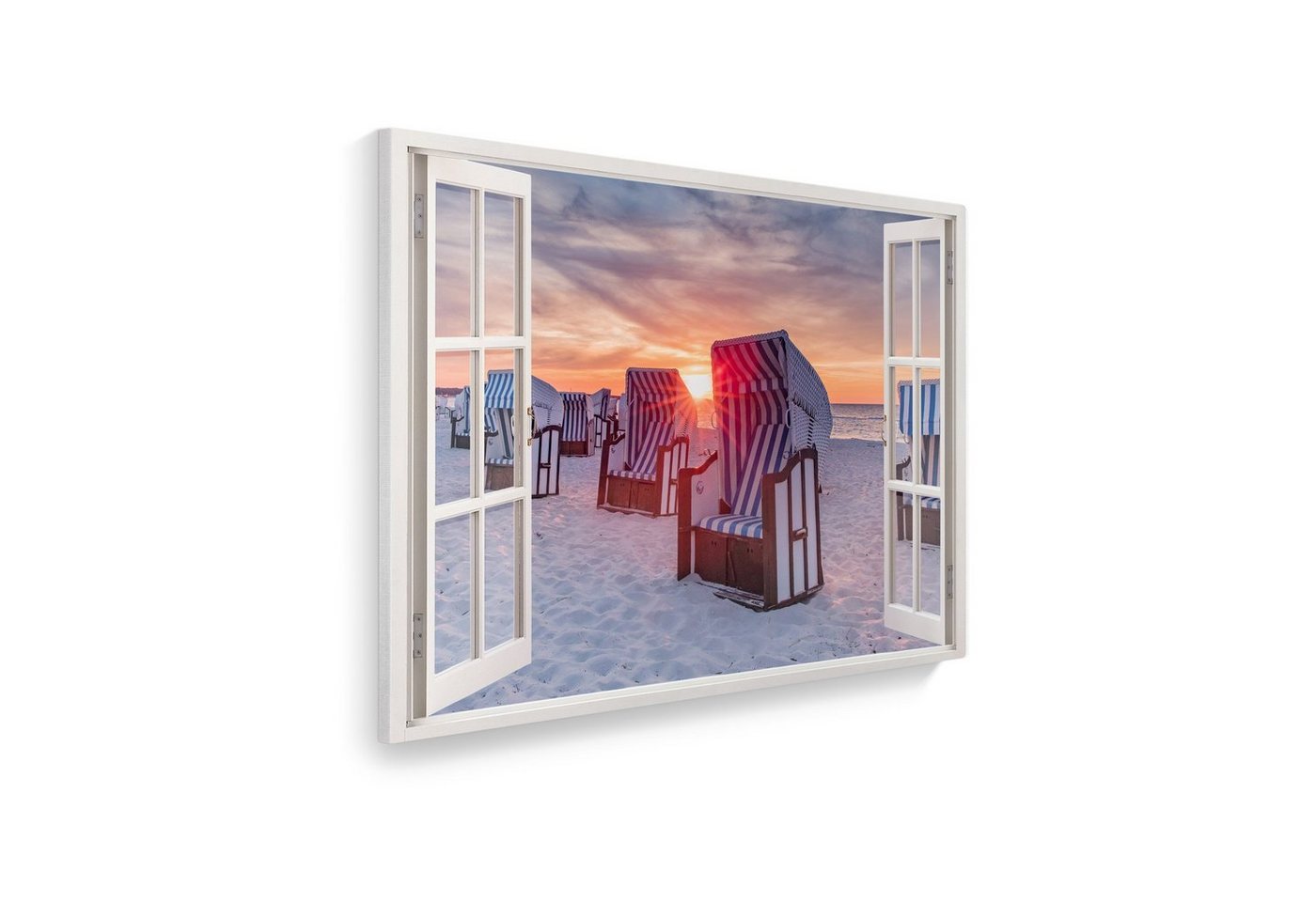 WallSpirit Leinwandbild Fenster mit Aussicht", Strandkörbe Sonnenuntergang, Leinwandbild geeignet für alle Wohnbereiche" von WallSpirit