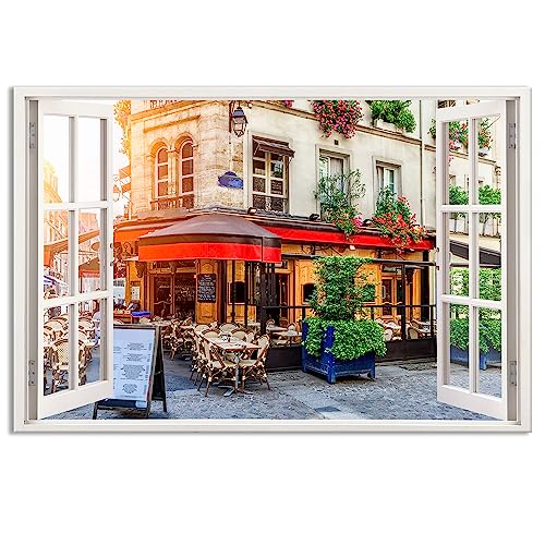 WallSpirit - Leinwandbild Fensterblick Café in Paris Druck auf Leinwand - moderner Kunstdruck (90 x 60 cm) von WallSpirit