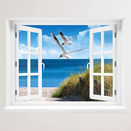 Wandtattoo Fenster mit Aussicht - Strand mit Möwen 120 x 94 cm – Wandsticker von WallSpirit