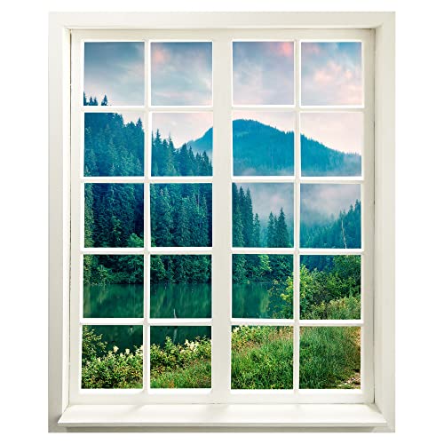 Wandtattoo - Fenster mit Aussicht "Tannenwald und Fluss" 83 x 100 cm - Wandaufkleber - Wandsticker von WallSpirit