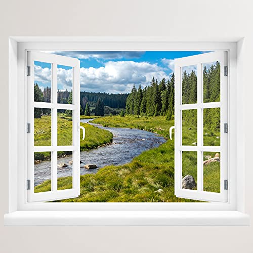 Wandtattoo - Fenster mit Aussicht auf Berge und Fluss 100 x 78 cm – Wandsticker von WallSpirit