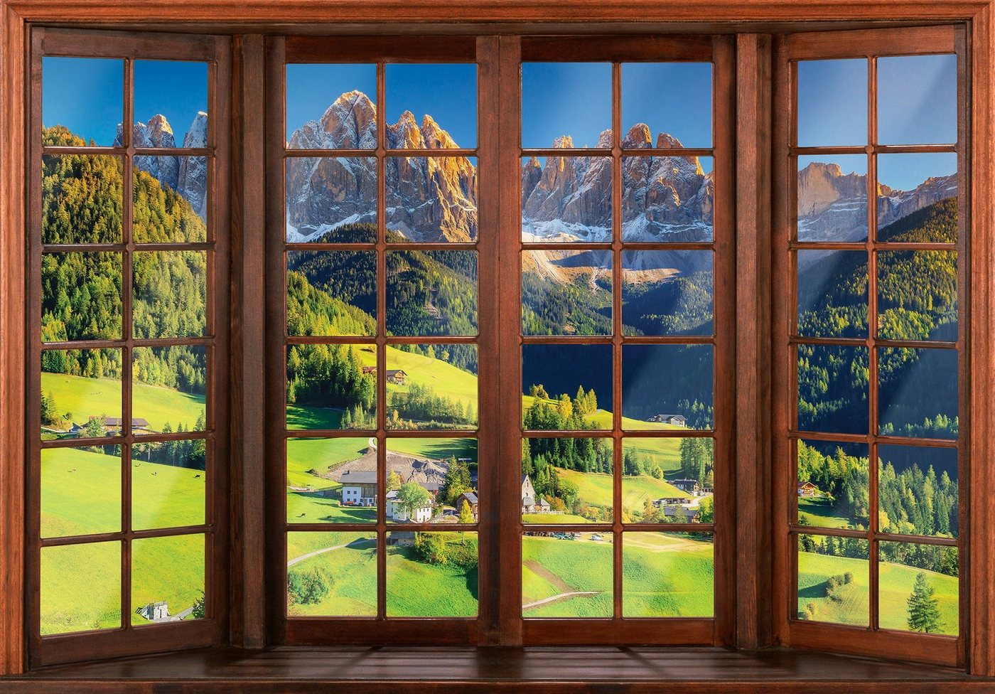 Wallarena Fototapete 3D EFFEKT Fenster Berge Wald Natur Landschaft Vlies Tapete für Wohnzimmer oder Schlafzimmer Vliestapete Wandtapete Motivtapete, Glatt, 3D-Optik, Vliestapete inklusive Kleister von Wallarena