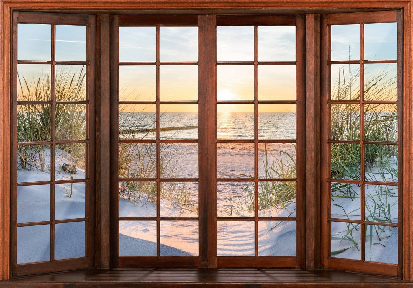 Wallarena Fototapete 3D EFFEKT Fenster Strand Meer Natur Landschaft Vlies Tapete für Wohnzimmer oder Schlafzimmer Vliestapete Wandtapete Motivtapete, Glatt, 3D-Optik, Vliestapete inklusive Kleister von Wallarena