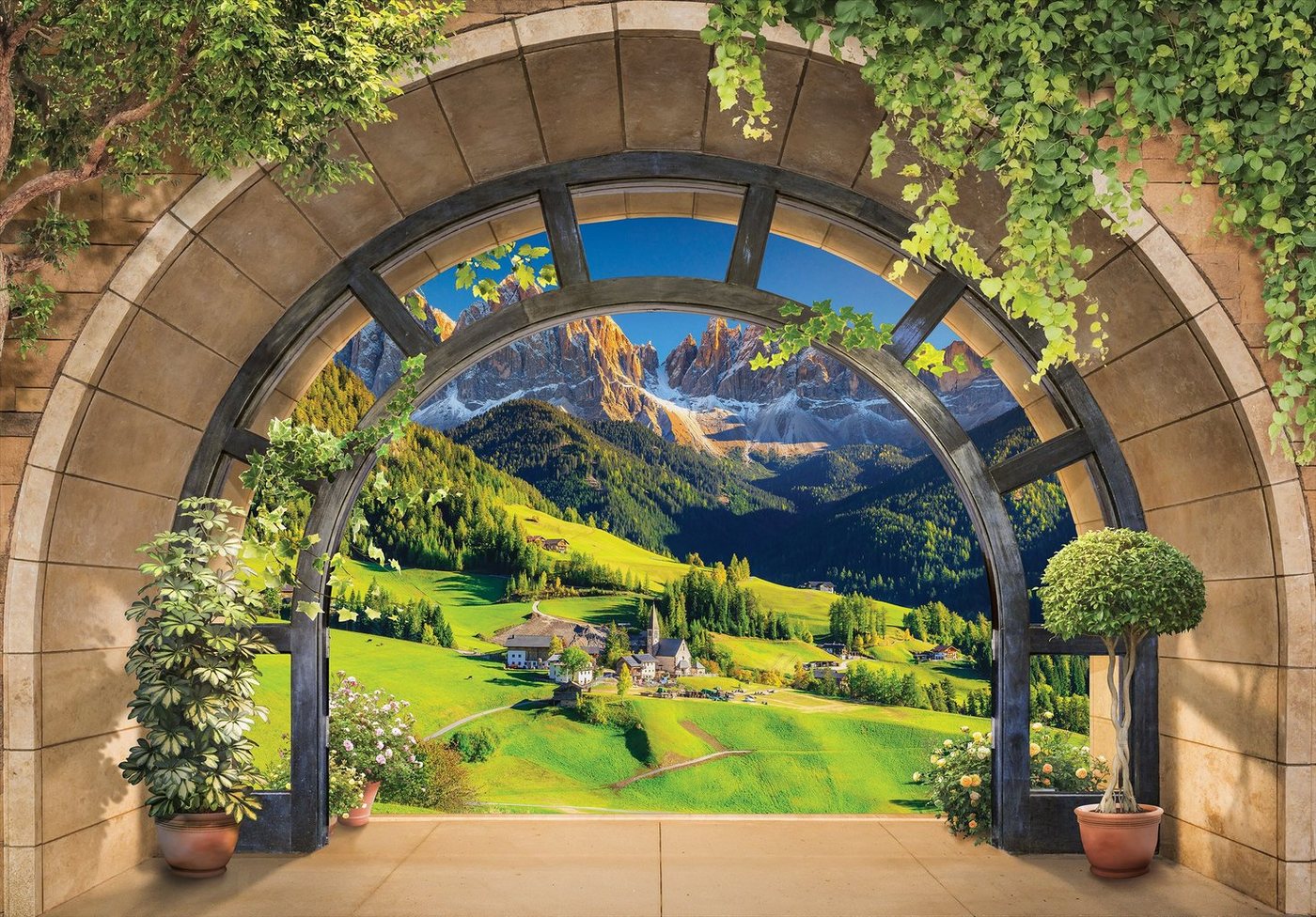 Wallarena Fototapete 3D EFFEKT Fenster Wald Berge Natur Landschaft Vlies Tapete für Wohnzimmer oder Schlafzimmer Vliestapete Wandtapete Motivtapete, Glatt, 3D-Optik, Vliestapete inklusive Kleister von Wallarena