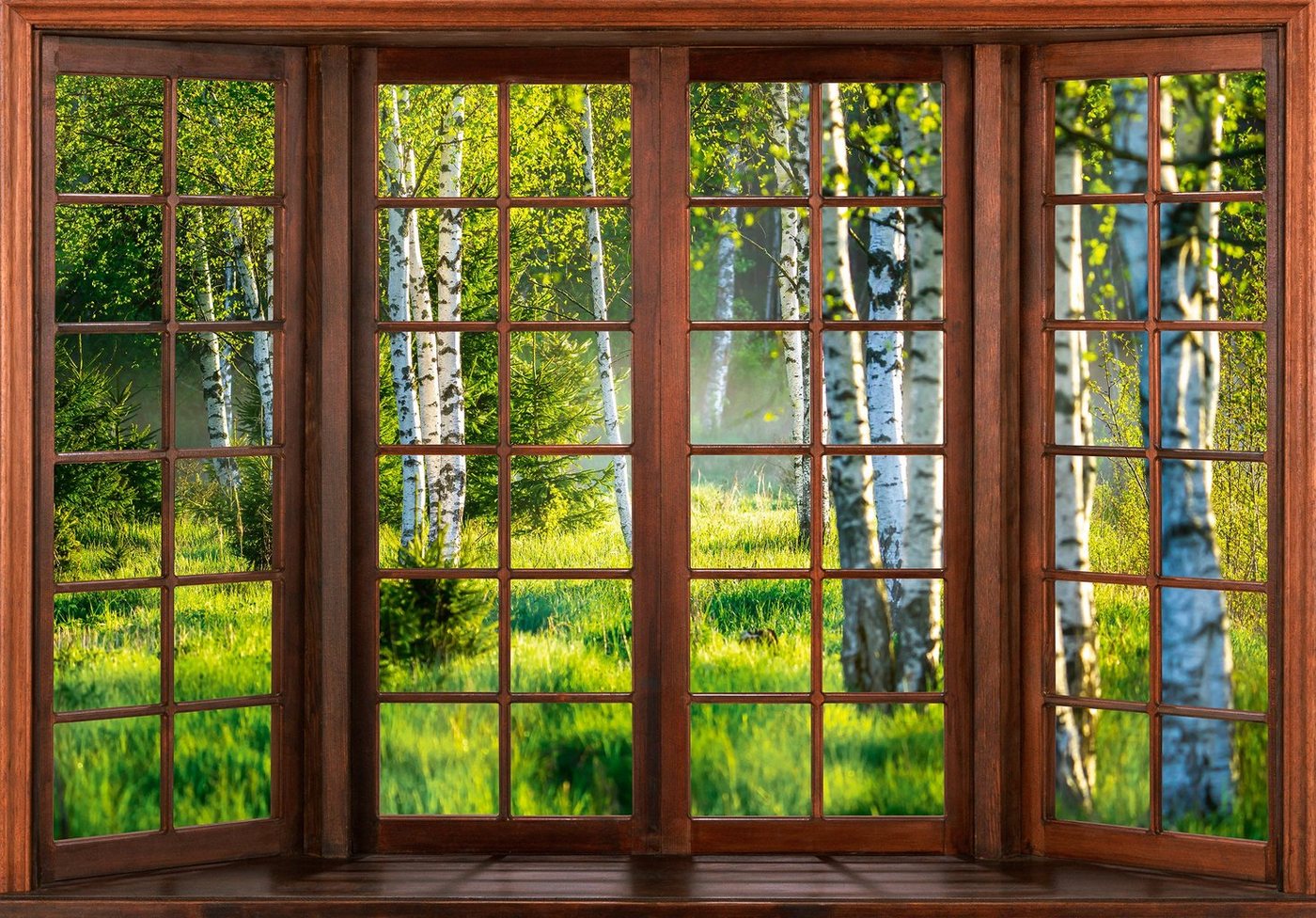 Wallarena Fototapete 3D EFFEKT Fenster Wald Birken Birkenwald Natur Landschaft Vlies Tapete für Wohnzimmer oder Schlafzimmer Vliestapete Wandtapete Motivtapete, Glatt, 3D-Optik, Vliestapete inklusive Kleister von Wallarena