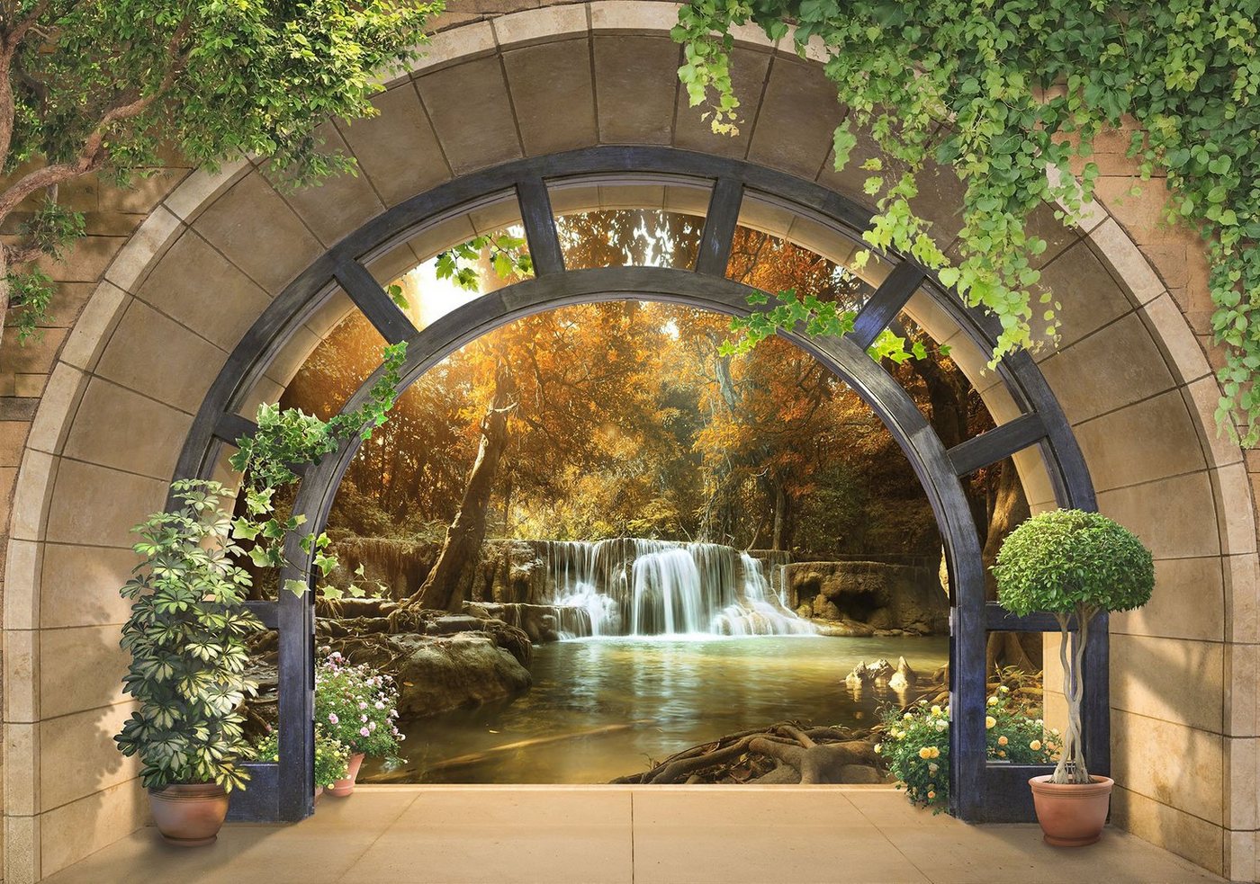 Wallarena Fototapete 3D EFFEKT Fenster Wald Wasserfall Natur Landschaft Vlies Tapete für Wohnzimmer oder Schlafzimmer Vliestapete Wandtapete Motivtapete, Glatt, 3D-Optik, Vliestapete inklusive Kleister von Wallarena