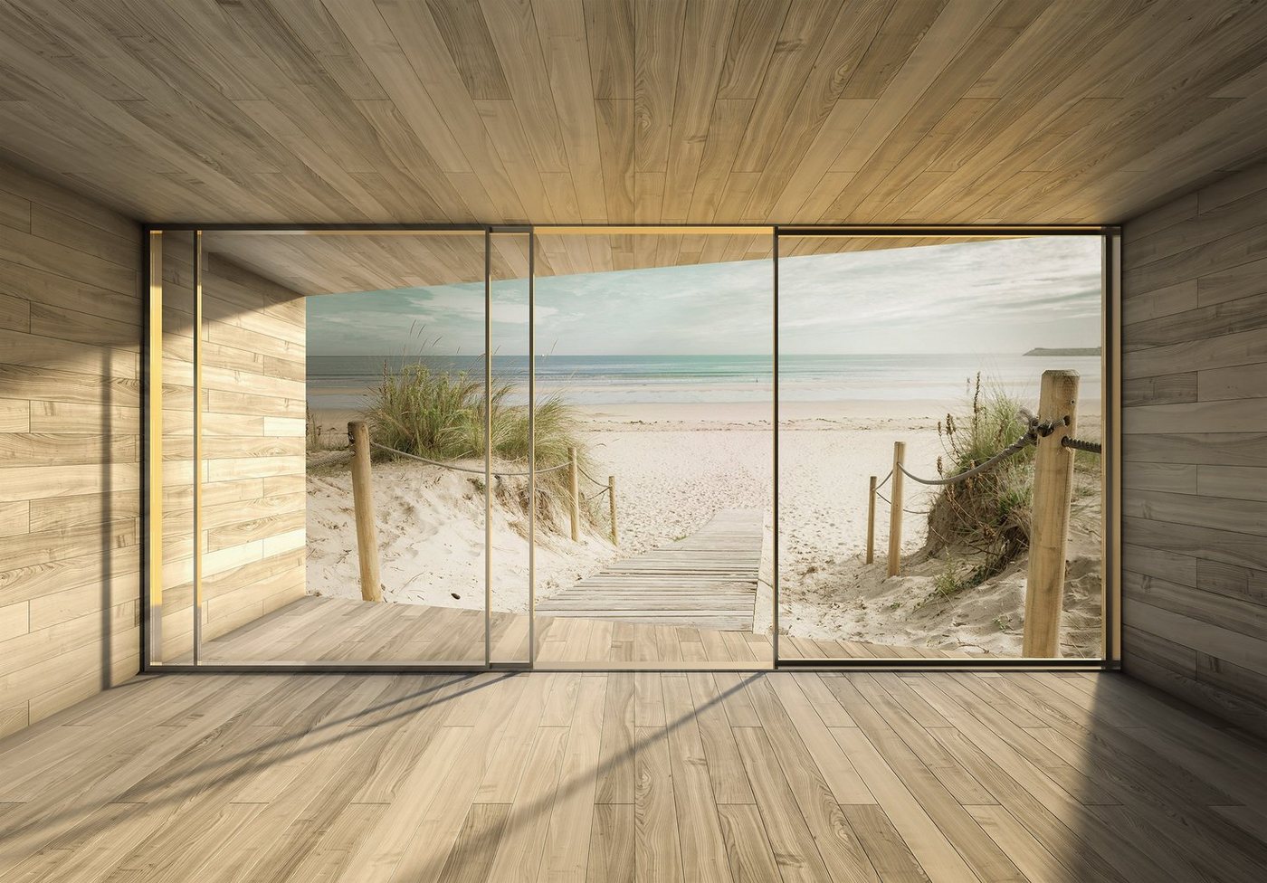 Wallarena Fototapete 3D EFFEKT Strand Meer Sand Panorama Natur Landschaft Fenster Vlies Tapete für Wohnzimmer oder Schlafzimmer Vliestapete Wandtapete Motivtapete, Glatt, 3D-Optik, Vliestapete inklusive Kleister von Wallarena