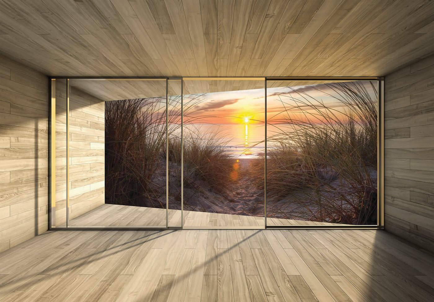 Wallarena Fototapete 3D EFFEKT Strand Meer Sand Terrasse Berge Panorama Natur Landschaft Fenster Vlies Tapete für Wohnzimmer oder Schlafzimmer Vliestapete Wandtapete Motivtapete, Glatt, 3D-Optik, Vliestapete inklusive Kleister von Wallarena