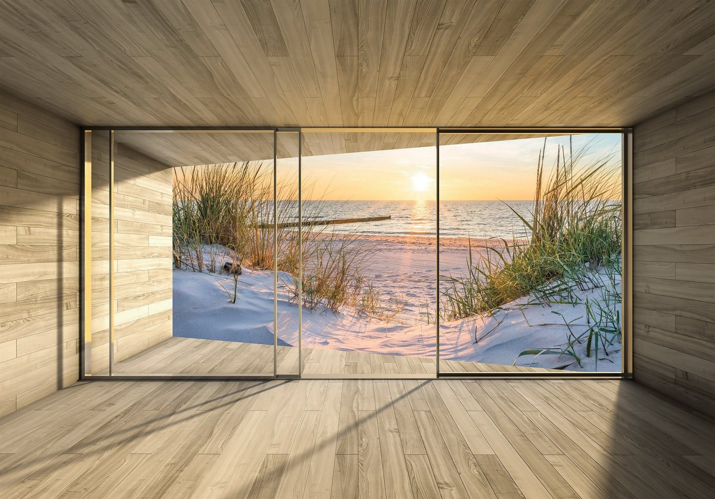 Wallarena Fototapete 3D EFFEKT Strand Meer Sand Terrasse Panorama Natur Landschaft Fenster Vlies Tapete für Wohnzimmer oder Schlafzimmer Vliestapete Wandtapete Motivtapete, Glatt, 3D-Optik, Vliestapete inklusive Kleister von Wallarena