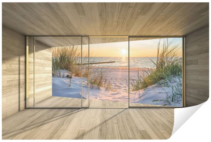 Wallarena Fototapete 3D EFFEKT Strand Meer Terrasse Fenster Wohnzimmer oder Schlafzimmer, Glatt, 3D-Optik, Strand, Meer, Fenster, Terrasse, Fototapete Wohnzimmer Schlafzimmer - Vliestapete inklusive Kleister von Wallarena