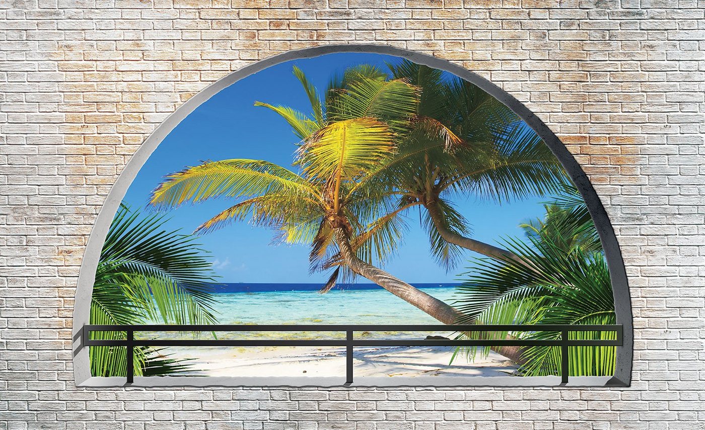 Wallarena Fototapete 3D EFFEKT Strand Palmen Meer Fenster Terrasse Panorama Natur Landschaft Vlies Tapete für Wohnzimmer oder Schlafzimmer Vliestapete Wandtapete Motivtapete, Glatt, 3D-Optik, Vliestapete inklusive Kleister von Wallarena