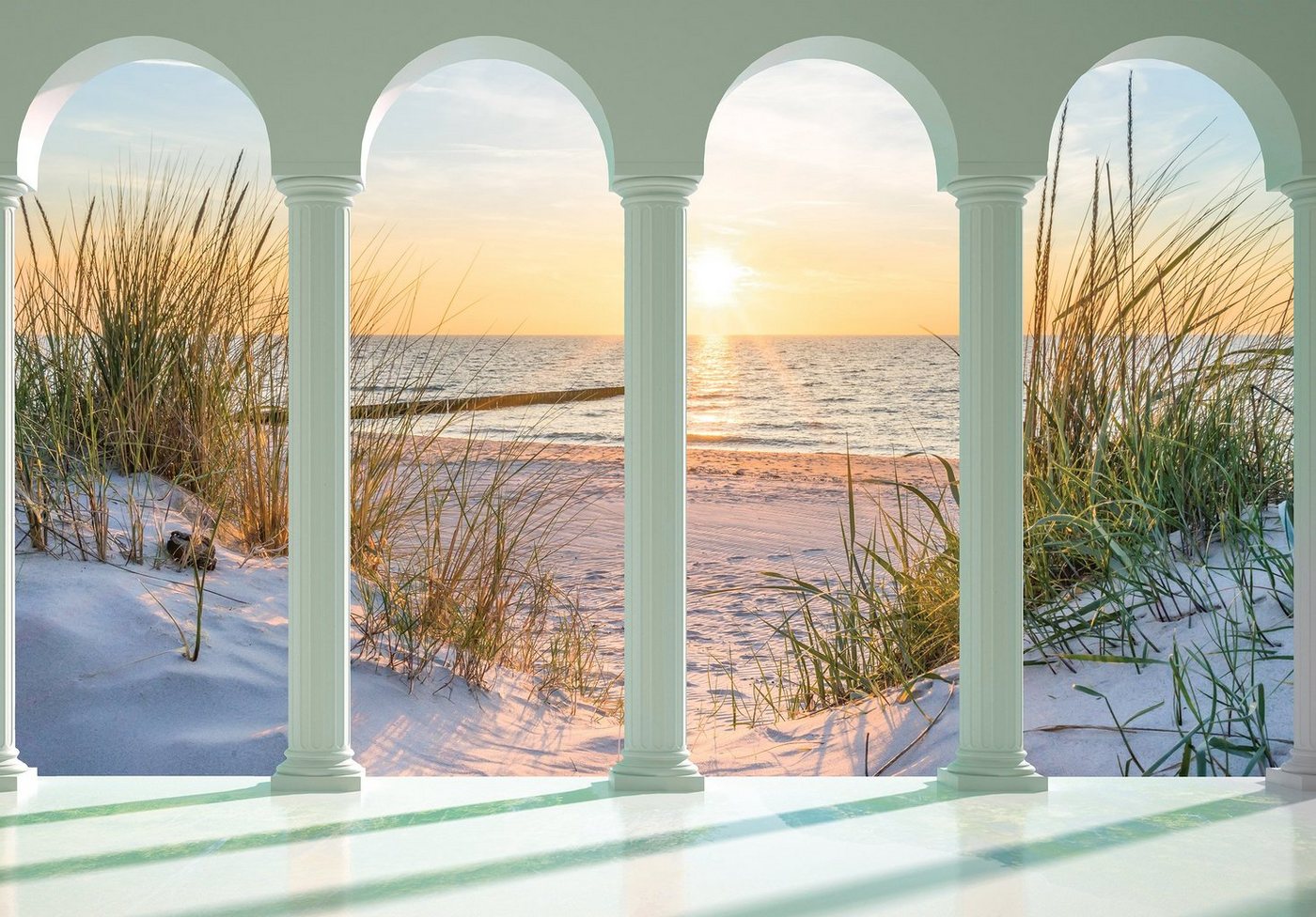 Wallarena Fototapete 3D EFFEKT Strand Terrasse Sand Meer Panorama Natur Landschaft Fenster Vlies Tapete für Wohnzimmer oder Schlafzimmer Vliestapete Wandtapete Motivtapete, Glatt, 3D-Optik, Vliestapete inklusive Kleister von Wallarena