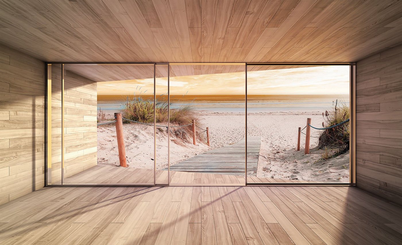 Wallarena Fototapete 3D EFFEKT Terrasse Fenster Strand Meer Sand Sonne Vlies Tapete für Wohnzimmer oder Schlafzimmer Vliestapete Wandtapete Motivtapete, Glatt, 3D-Optik, Vliestapete inklusive Kleister von Wallarena