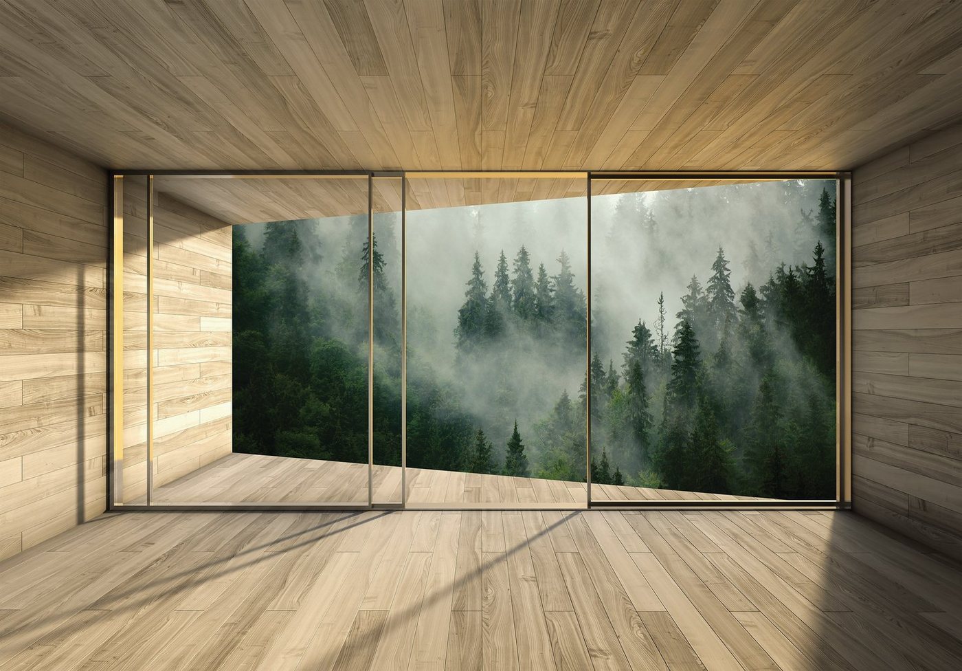 Wallarena Fototapete 3D EFFEKT Wald im Nebel Terrasse Panorama Natur Landschaft Fenster Vlies Tapete für Wohnzimmer oder Schlafzimmer Vliestapete Wandtapete Motivtapete, Glatt, 3D-Optik, Vliestapete inklusive Kleister von Wallarena
