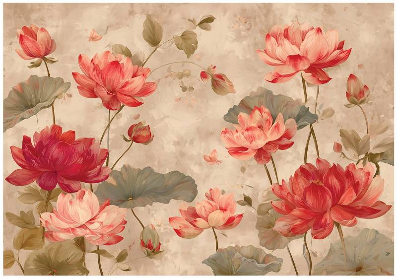 Wallarena Fototapete Blumen Vintage Natur Vlies Tapete Wohnzimmer Schlafzimmer Wandtapete, Glatt Vlies Washable, Blumen, Rot, Natur, Blätter, (Packung, 4 St., Vlies Fototapete), Vliestapete Rot Wohnzimmer Schlafzimmer Küche Tapete + Kleister von Wallarena