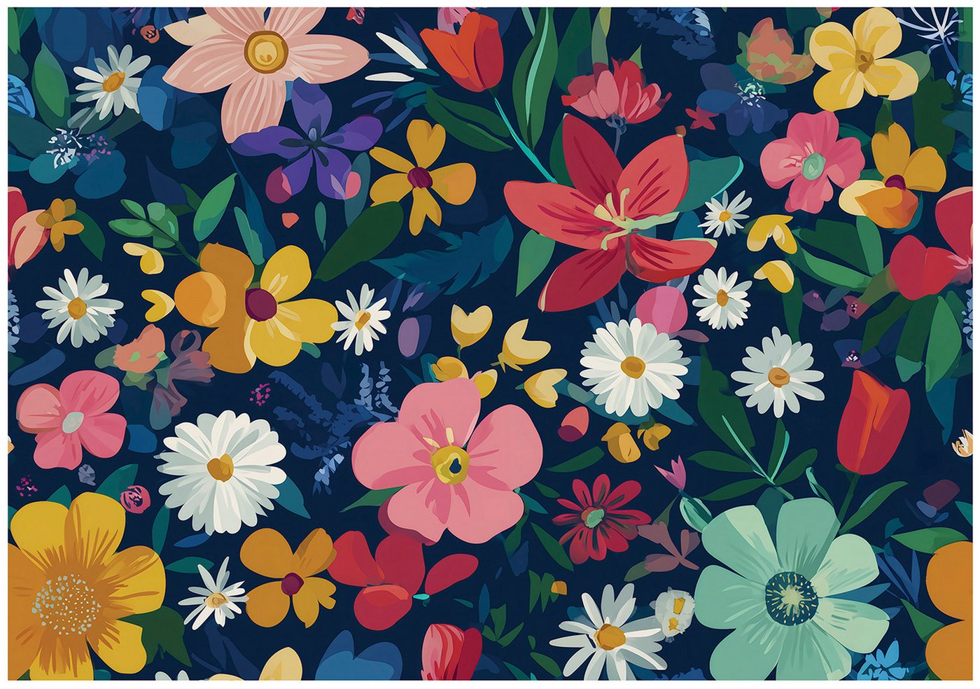 Wallarena Fototapete Kinderzimmer Blumen Blau Rot Natur Kinder Vlies Tapete Wandtapete, Glatt Vlies Washable, Blumen, Blau, Gelb, Orange, Natur, (Packung, 4 St., Vlies Fototapete), Vliestapete Blau Wohnzimmer Schlafzimmer Küche Tapete + Kleister von Wallarena