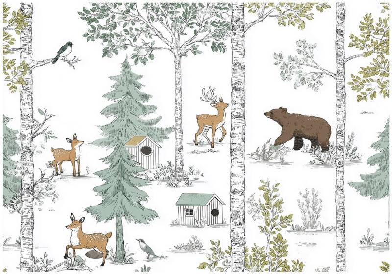 Wallarena Fototapete Kinderzimmer Tiere Bär Hirsch Natur Kinder Vlies Tapete Wandtapete, Glatt Vlies Washable, (Packung, 4 St., Vlies Fototapete), Vliestapete Weiß Grün Kinderzimmer Tapete + Kleister Motivtapete von Wallarena