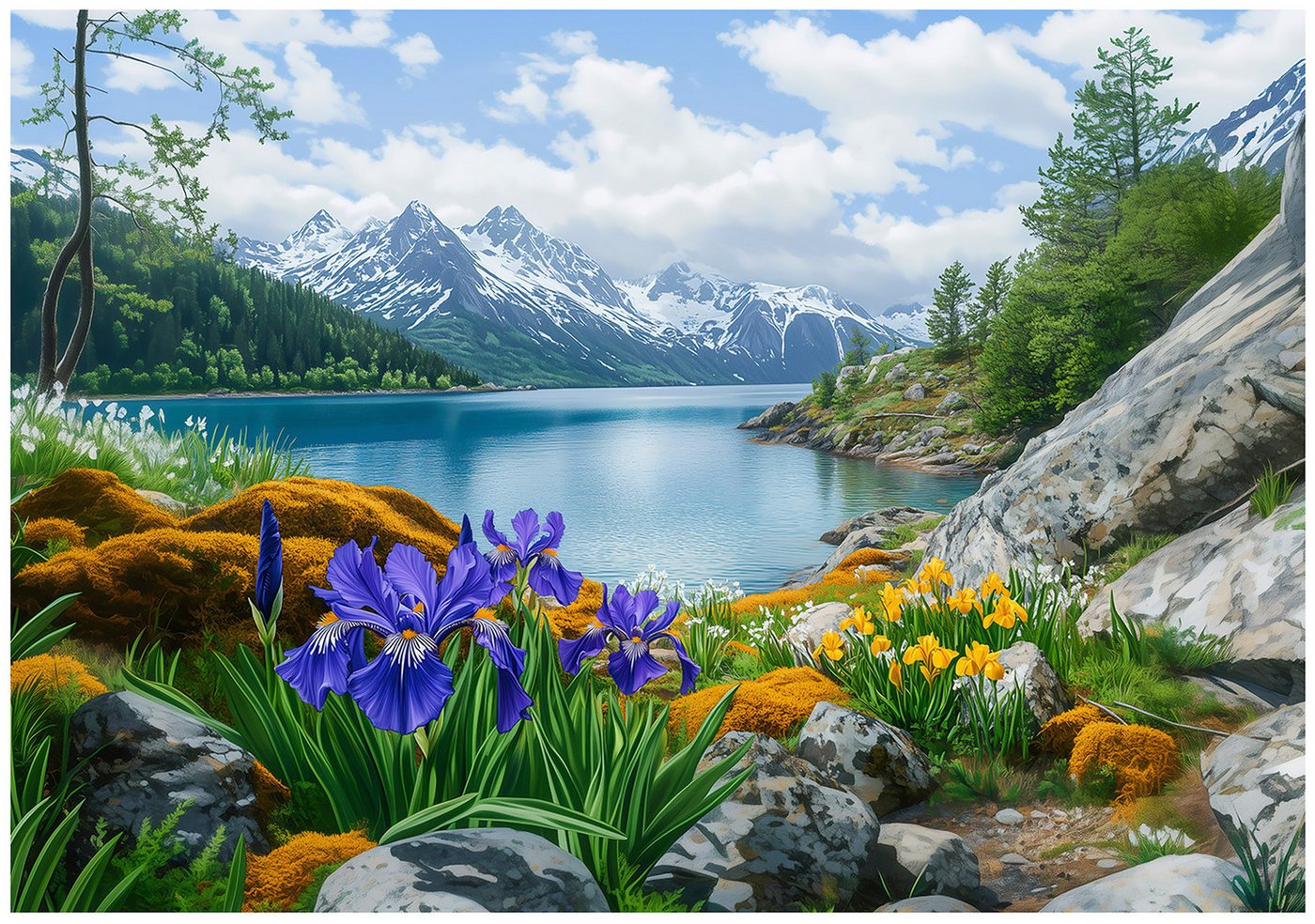 Wallarena Fototapete Landschaft See Berg Vlies Tapete Wohnzimmer Schlafzimmer Wandtapete, Glatt Vlies Washable, Landschaft, See, Berg, Blumen, blau, (Packung, 4 St., Vlies Fototapete), Vliestapete schwarz Wohnzimmer Schlafzimmer Küche Tapete + Kleister von Wallarena
