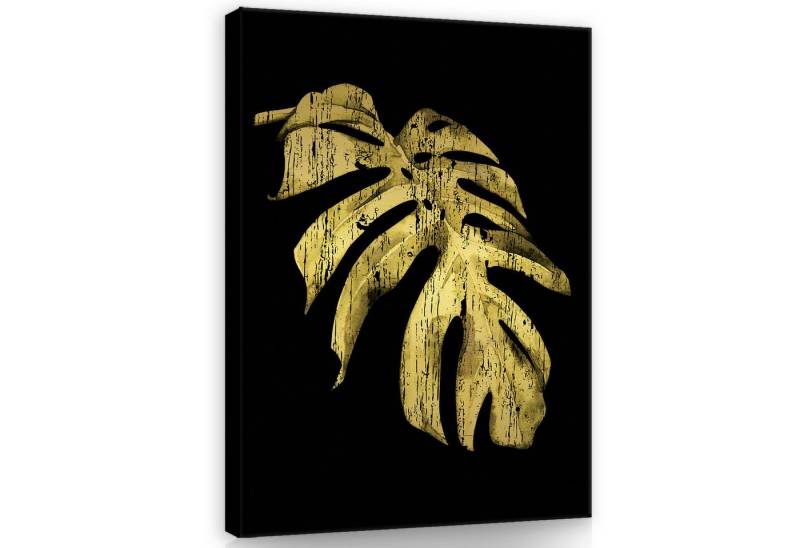 Wallarena Leinwandbild Blätter Gold Schwarz Glamour Wandbild XXL Leinwandbilder Modern Bild, Blätter - Glamour (Einteilig, 1 St), Bilder Badezimmer Küche Leinwandbild Wandbilder Wand Deko XXL von Wallarena