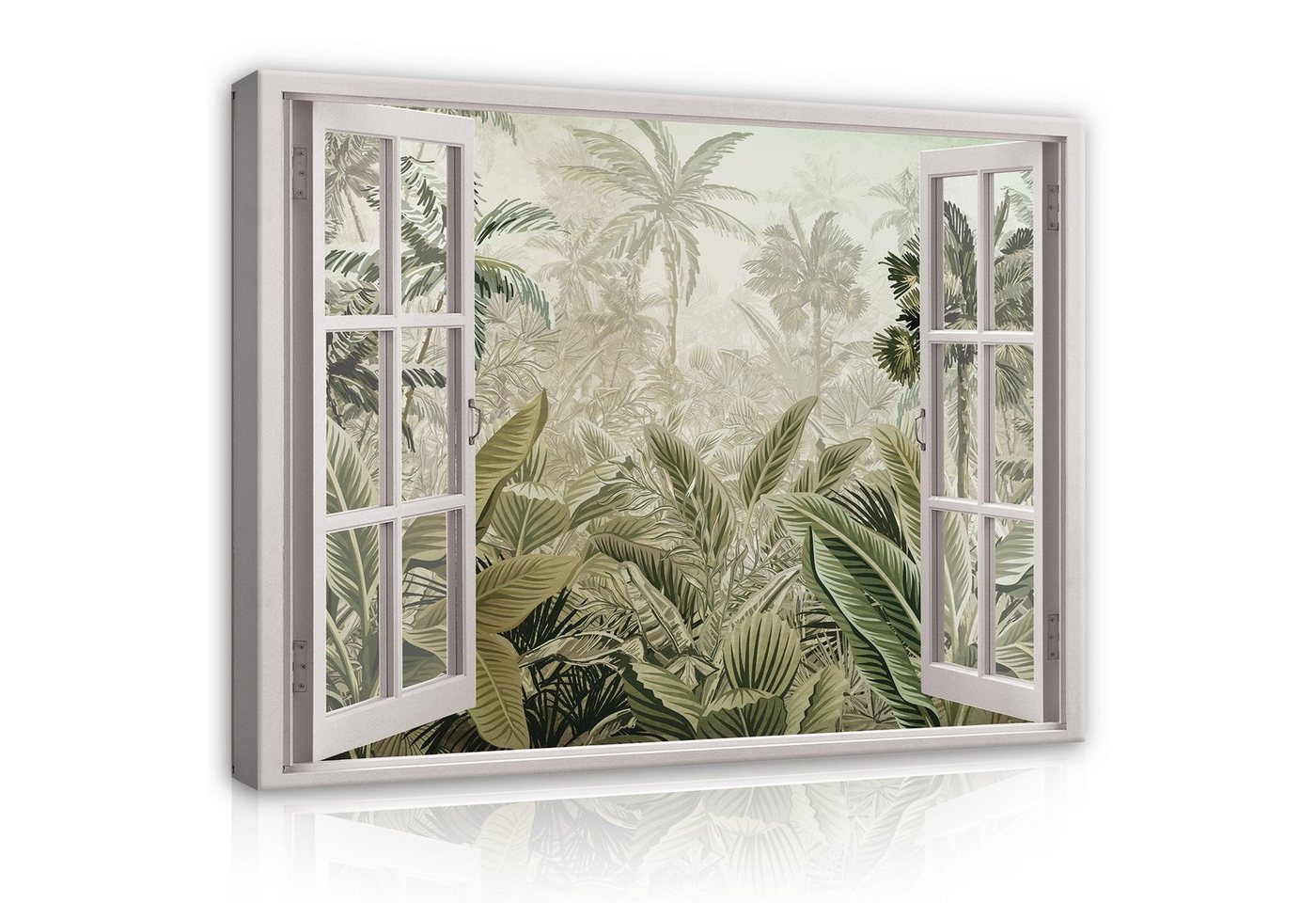 Wallarena Leinwandbild Fensterblick Dschungel Wald Blätter Tropische Fenster Wandbild Groß XXL Wandbilder Leinwandbilder Modern Canvas Kunstdruck Bild Auf Leinwand Bilder für Wohnzimmer Schlafzimmer, (Einteilig), Aufhängefertig von Wallarena