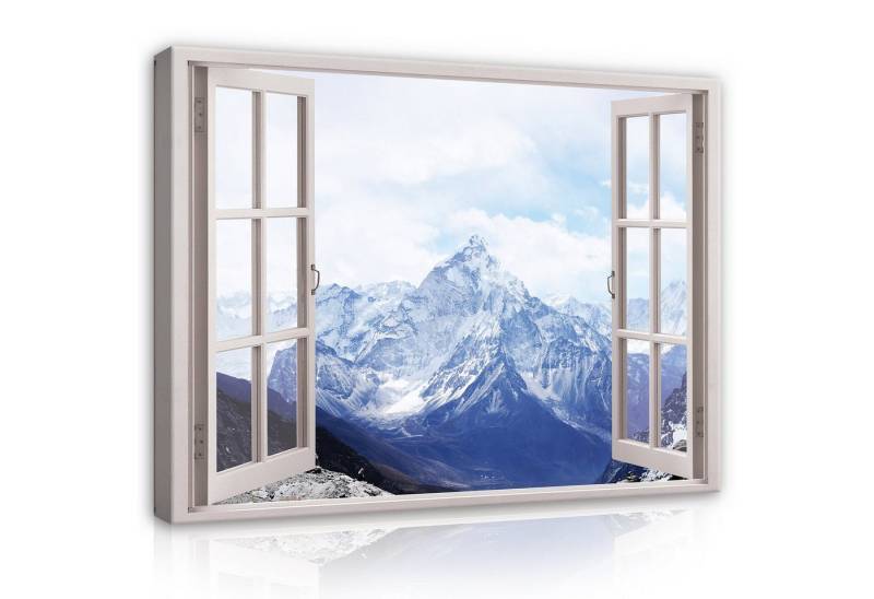 Wallarena Leinwandbild Fensterblick Natur Berge Alpen Blau Fenster Wandbild Groß Wandbilder, Berge (Einteilig, 1 St), Leinwand Bilder Wohnzimmer Schlafzimmer Küche Wandbild Leinwandbilder von Wallarena
