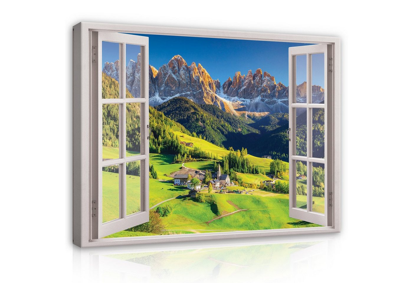 Wallarena Leinwandbild Fensterblick Natur Berge Alpen Wald Landschaft Fenster Wandbild Groß XXL Wandbilder Leinwandbilder Modern Canvas Kunstdruck Bild Auf Leinwand Bilder für Wohnzimmer Schlafzimmer, (Einteilig), Aufhängefertig von Wallarena