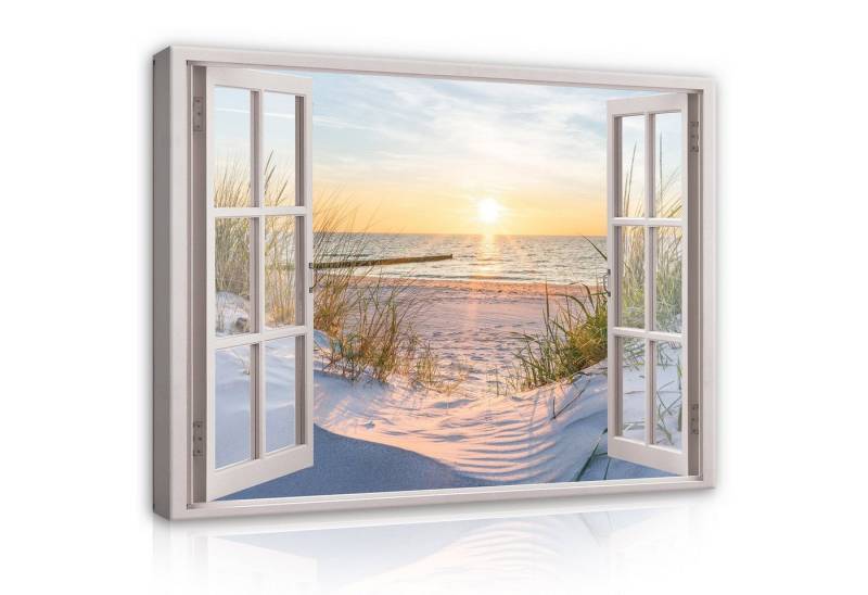 Wallarena Leinwandbild Fensterblick Natur Strand Meer Fenster Modern Leinwandbilder Bilder, Fenster - Natur (Bilder Groß - Wandbilder XXL - Wand Deko Einteilig, 1 St), Leinwandbild Wohnzimmer Badezimmer Küche Wand Deko Bilder Modern 80x60 von Wallarena