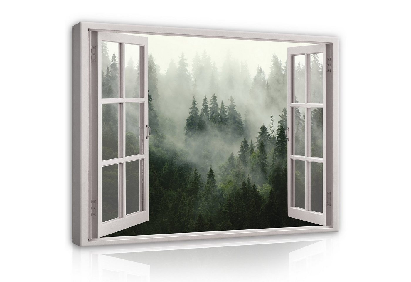 Wallarena Leinwandbild Fensterblick Natur Wald im Nebel Fenster Wandbild Groß XXL Wandbilder Leinwandbilder Modern Canvas Kunstdruck Bild Auf Leinwand Bilder für Wohnzimmer Schlafzimmer, (Einteilig), Aufhängefertig von Wallarena