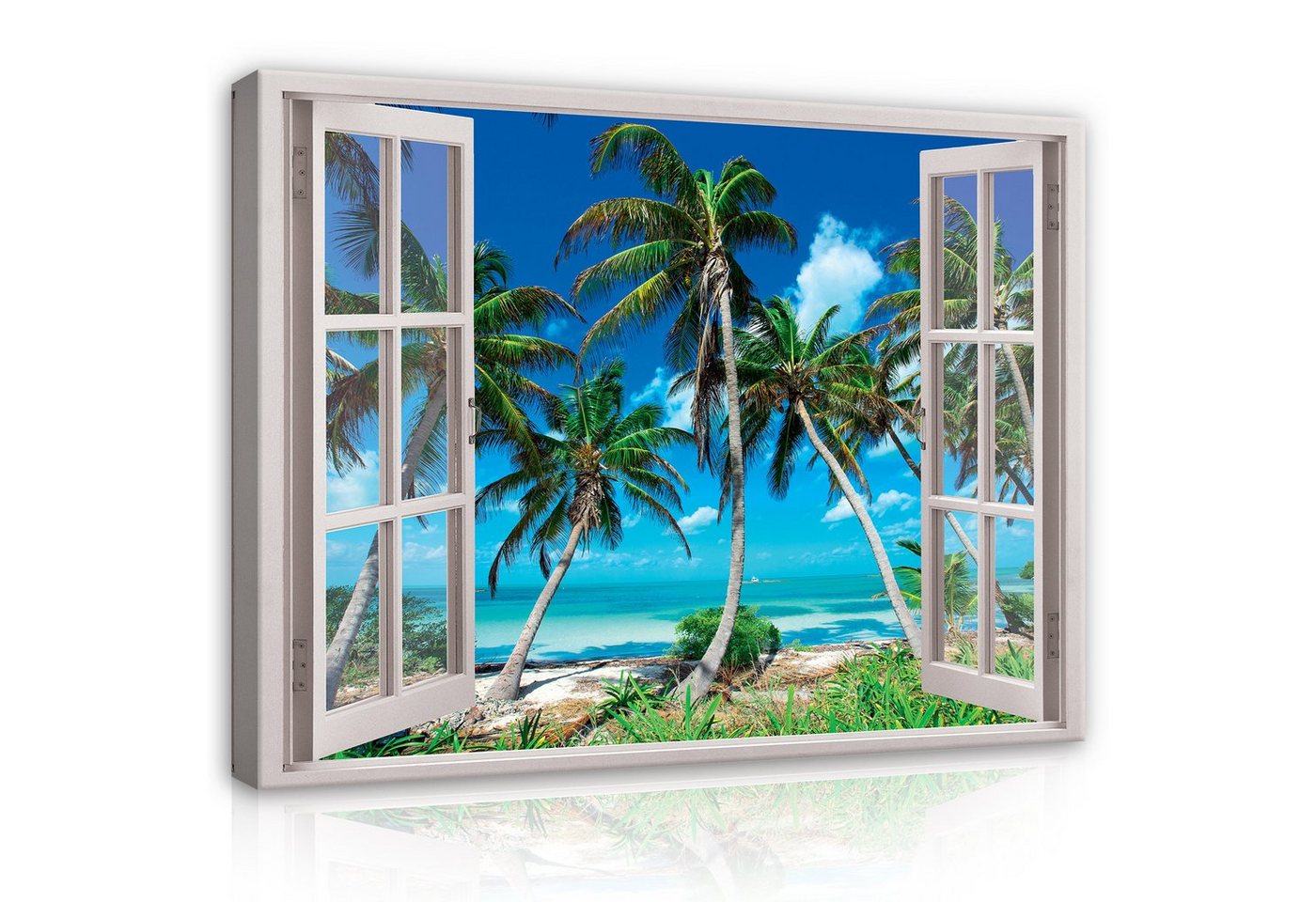 Wallarena Leinwandbild Fensterblick Strand Palmen Tropische Fenster Wandbild Groß XXL Wandbilder Leinwandbilder Modern Canvas Kunstdruck Bild Auf Leinwand Bilder für Wohnzimmer Schlafzimmer, (Einteilig), Aufhängefertig von Wallarena