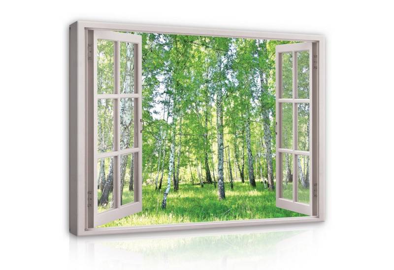 Wallarena Leinwandbild Fensterblick Wald Birkenwald Birken Natur Fenster Wandbild Groß XXL Wandbilder Leinwandbilder Modern Canvas Kunstdruck Bild Auf Leinwand Bilder für Wohnzimmer Schlafzimmer, (Einteilig), Aufhängefertig von Wallarena