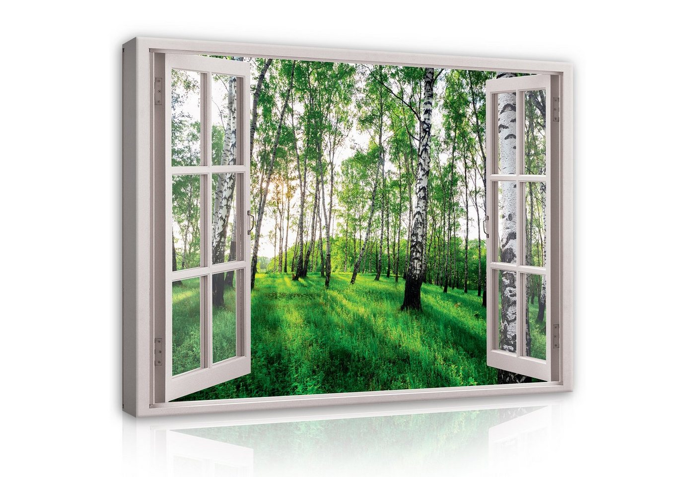 Wallarena Leinwandbild Fensterblick Wald Birkenwald Birken Natur Fenster Wandbild Groß XXL Wandbilder Leinwandbilder Modern Canvas Kunstdruck Bild Auf Leinwand Bilder für Wohnzimmer Schlafzimmer, (Einteilig), Aufhängefertig von Wallarena