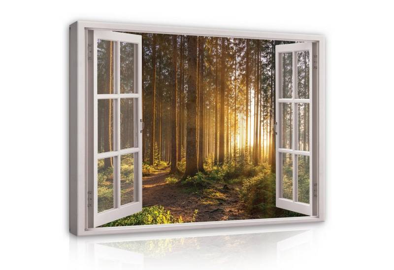 Wallarena Leinwandbild Fensterblick Wald Natur Fenster Wandbild Groß XXL Wandbilder, Wald (Einteilig, 1 St), Leinwand Bilder Wohnzimmer Schlafzimmer Küche Wandbild Leinwandbilder von Wallarena