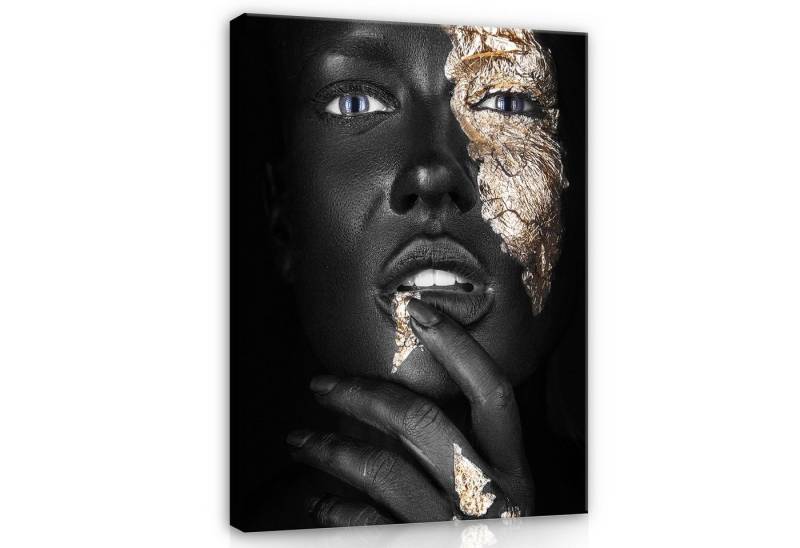 Wallarena Leinwandbild Frau Lippen Gold Schwarz Abstrakt Groß XXL Wandbilder Modern, Frau (Einteilig, 1 St), Leinwand Bilder Wohnzimmer Schlafzimmer Küche Wandbild Leinwandbilder von Wallarena
