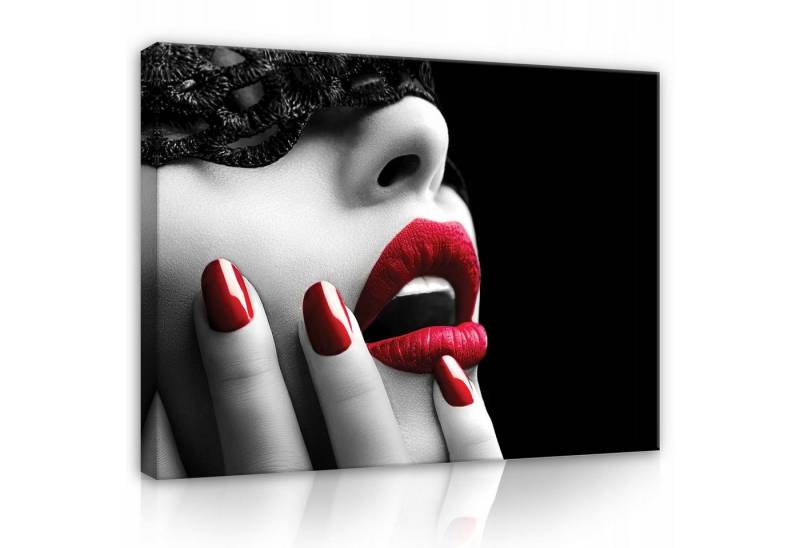 Wallarena Leinwandbild Frau Gesicht Lippen Rot Schwarz Bilder Wandbilder Groß XXL, Frau Gesicht (Einteilig, 1 St), Wand Deko Wohnzimmer Badezimmer Küche Leinwandbild Bilder Modern 60x40 von Wallarena