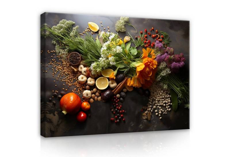 Wallarena Leinwandbild Küche Kräuter Gewürze Wandbild XXL Leinwandbilder Modern, Gemüse Obst (Einteilig, 1 St), Leinwandbild Leinwand Bilder Bild Groß Aufhängefertig von Wallarena