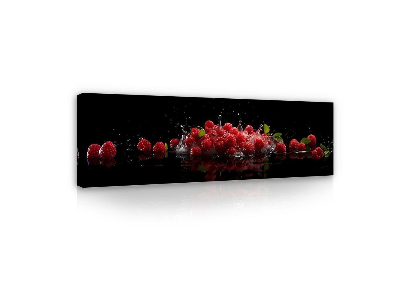 Wallarena Leinwandbild Küche Obst Himbeeren Wasser Schwarz Wandbild XXL Leinwandbilder Modern, Obst (Einteilig, 1 St), Leinwandbild Leinwand Bilder Bild Groß Aufhängefertig von Wallarena