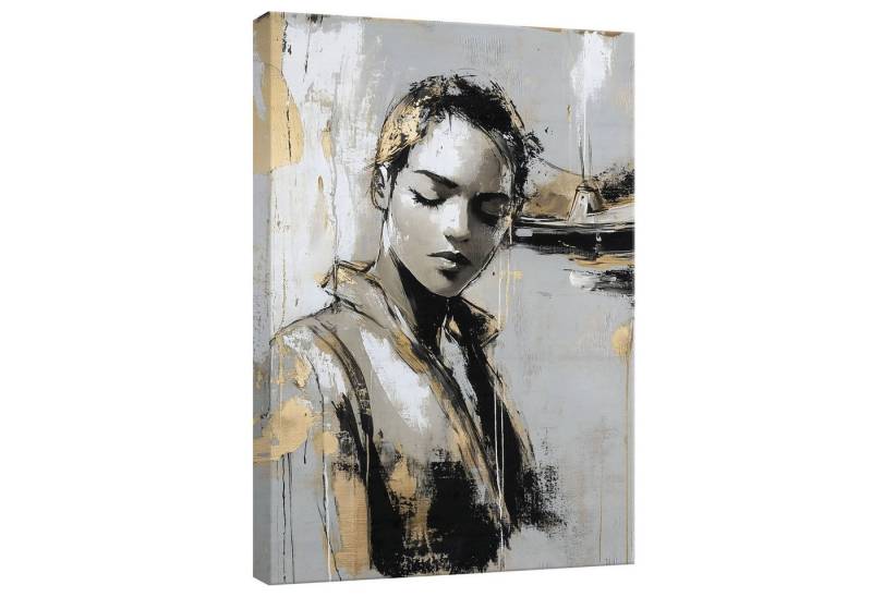 Wallarena Leinwandbild Frau Abstrakt Grau Gold Bilder Wand Deko Wandbilder Modern, Gemalt Frau Gold (groß Bilder Wohnzimmer Schlafzimmer Einteilig, 1 St), Bilder Klein Wohnzimmer Schlafzimmer Küche Wandbild Wand Deko 40x30 von Wallarena