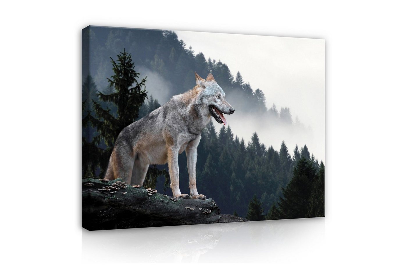 Wallarena Leinwandbild Wolf Wald Nebel Tiere Natur Wandbild XXL Leinwandbilder Modern, Wolf in den Bergen (Einteilig), Aufhängefertig von Wallarena
