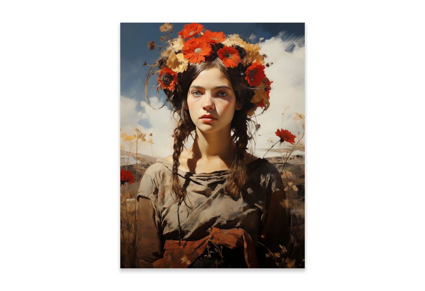 Wallarena Poster Frau Blumen Wohnzimmer Schlafzimmer Kunstdruck Wandbild XXL, Gemalt (Premium Poster mit Rahmen / Ohne Rahmen, 1 St), Groß Wandbilder Größen zur Auswahl: 30x40 cm / 50x70 cm / 70x100 cm von Wallarena
