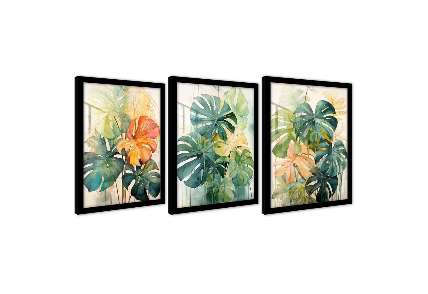 Wallarena Poster SET mit Rahmen Bilder Blätter Wohnzimmer Schlafzimmer Kunstdruck, Monstera Blätter Poster Bild (Set 3 teilig, 3 St), Groß Wandbilder Größen : 3x30x40 cm / 3x50x70 cm / 3x70x100 cm von Wallarena