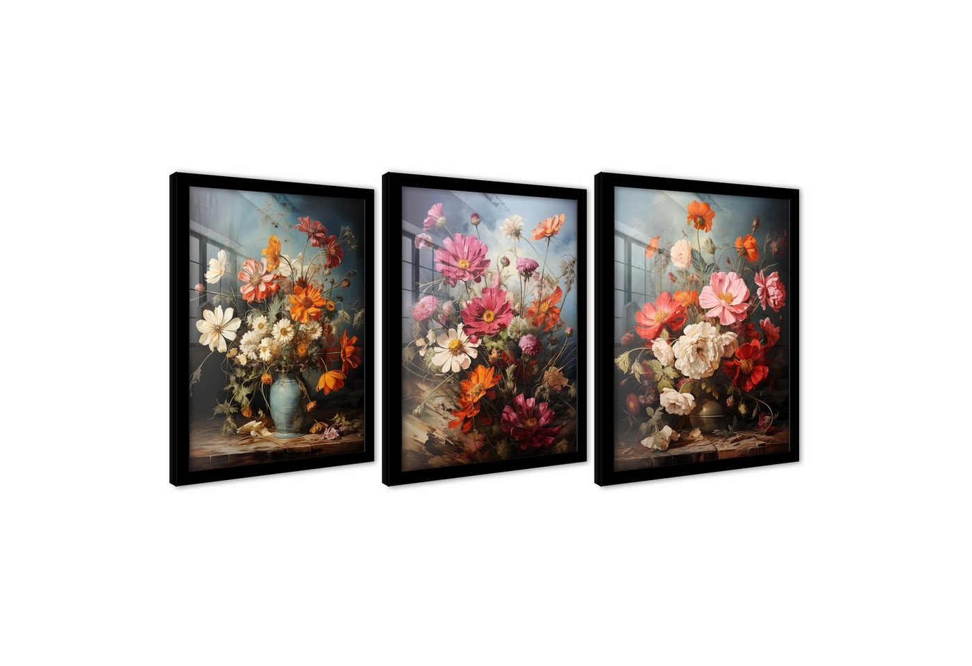 Wallarena Poster SET mit Rahmen Bilder Blumen Wohnzimmer Schlafzimmer Kunstdruck, Blumen Poster Bild (Set 3 teilig, 3 St), Groß Wandbilder Größen : 3x30x40 cm / 3x50x70 cm / 3x70x100 cm von Wallarena