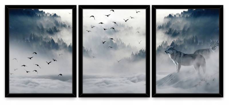 Wallarena Poster Set Mit Rahmen 3 Teilig Kunstdruck 3er Bilder Wandbilder Wohnzimmer, Wolf in Nebelwald (3er, 3 St), SET 30x40 cm x 3 Wandbild von Wallarena