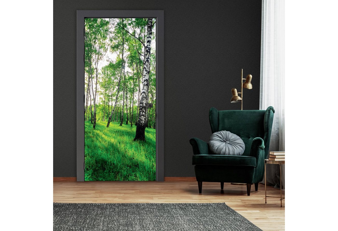 Wallarena Türtapete Selbstklebend Birkenwald Wald Natur Landschaft 3D Effekt Türposter Türfolie Türaufkleber Fototapete für Tür, 91x211 cm, Glatt, Grün Wald, Türtapete Selbstklebend von Wallarena