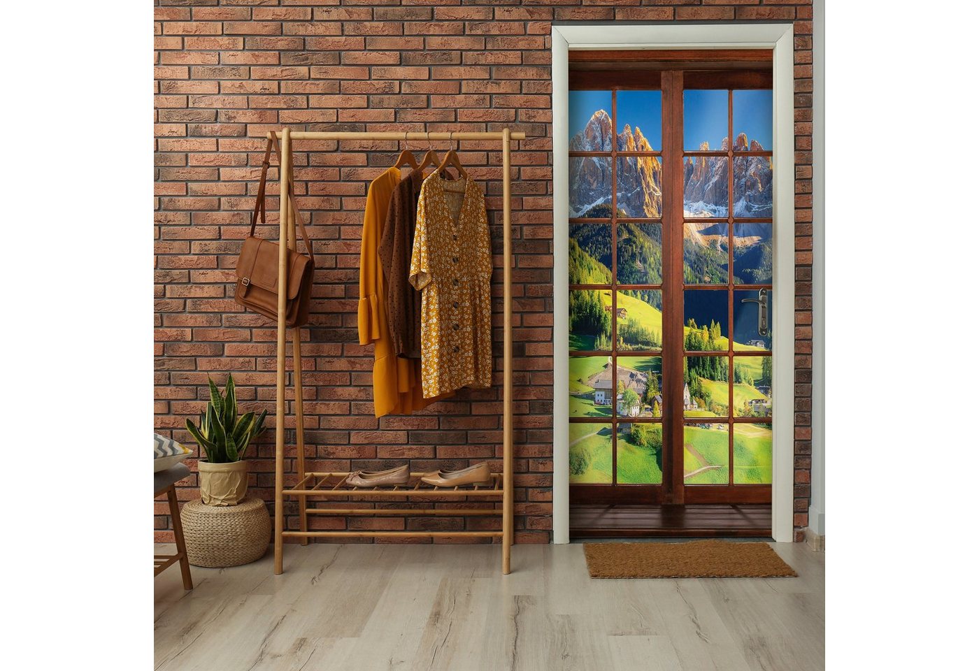 Wallarena Türtapete Selbstklebend Fenster Wald Berge Landschaft Natur 3D Effekt Türposter Türfolie Türaufkleber Fototapete für Tür, 91x211 cm, Glatt, 3D-Optik, Türtapete Selbstklebend von Wallarena