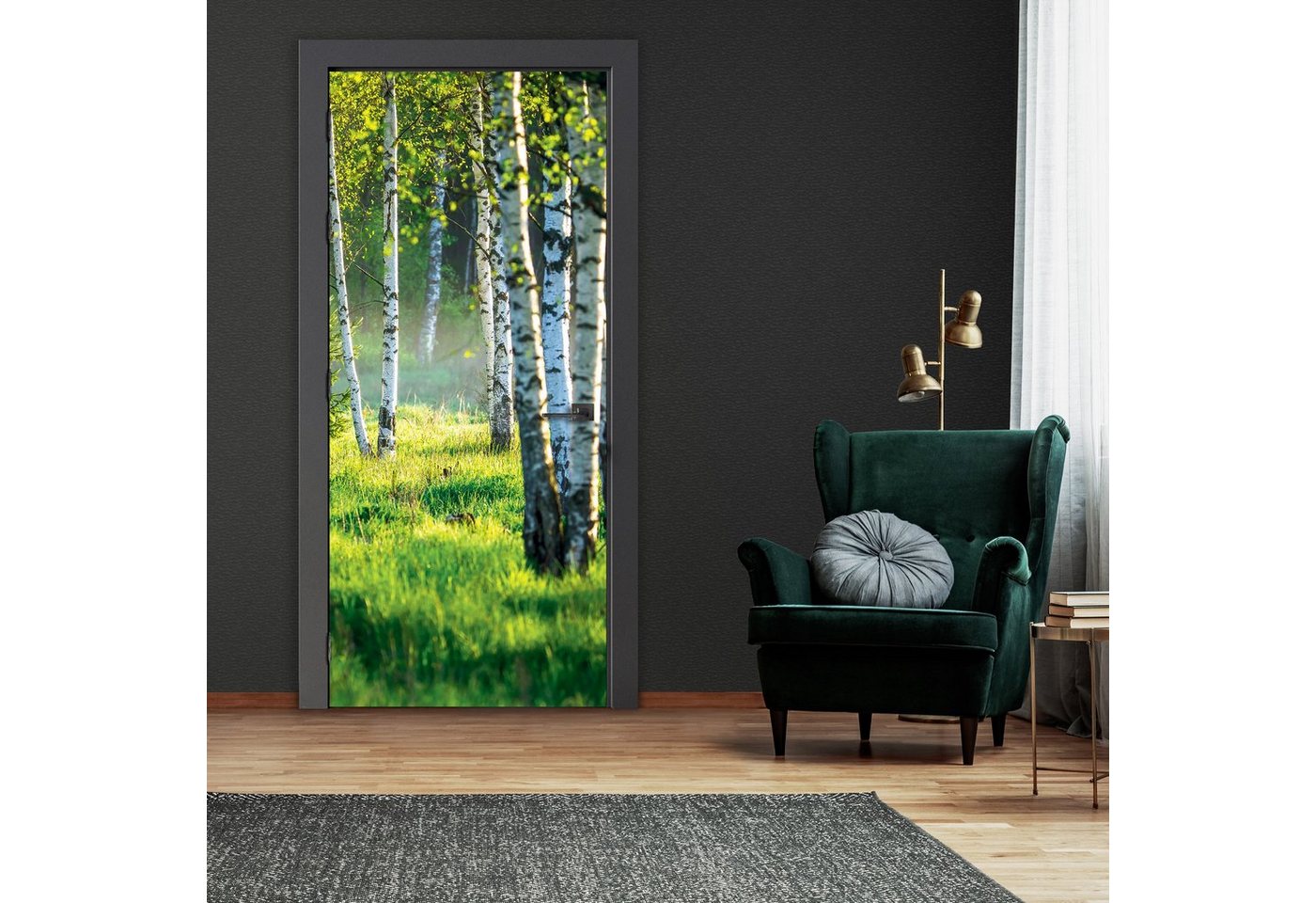 Wallarena Türtapete Selbstklebend Wald Birkenwald Natur Landschaft 3D Effekt Türposter Türfolie Türaufkleber Fototapete für Tür, 91x211 cm, Glatt, Grün Wald, Türtapete Selbstklebend von Wallarena