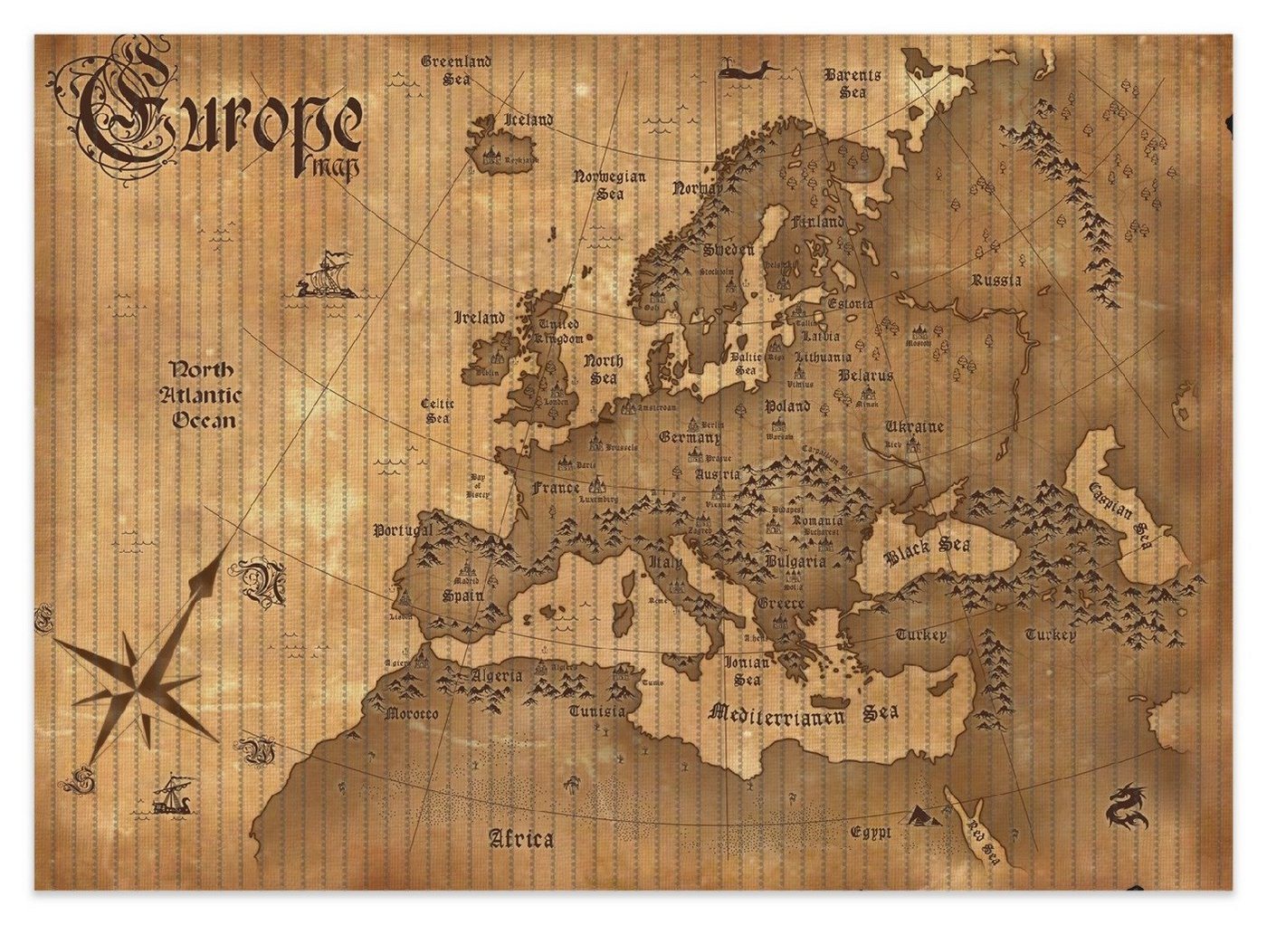 Schaum-Badematte Alte Weltkarte Karte von Europa in englisch Wallario, Höhe 5.5 mm, rutschhemmend, geeignet für Fußbodenheizungen, Polymer-Schaum, rechteckig von Wallario