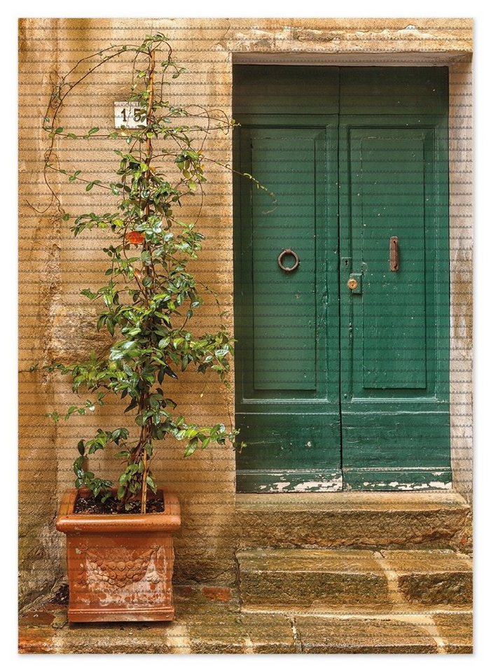 Schaum-Badematte Grüne alte Holz-Tür in Toskana mit alter Steinwand und Steintreppe Wallario, Höhe 5.5 mm, rutschhemmend, geeignet für Fußbodenheizungen, Polymer-Schaum, rechteckig von Wallario