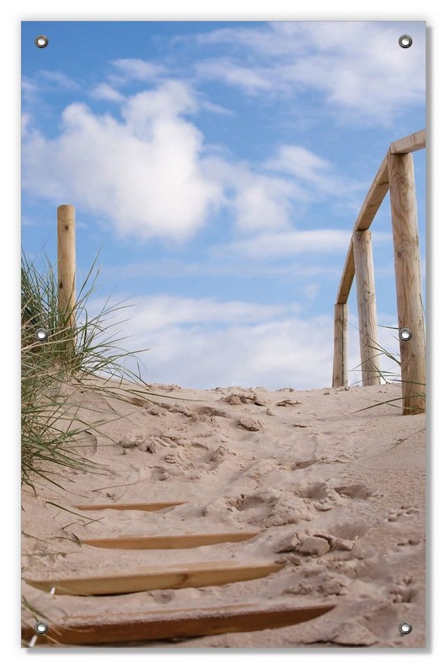 Sonnenschutz Auf der Holztreppe zum Strand, Wallario, blickdicht, mit Saugnäpfen, wiederablösbar und wiederverwendbar von Wallario